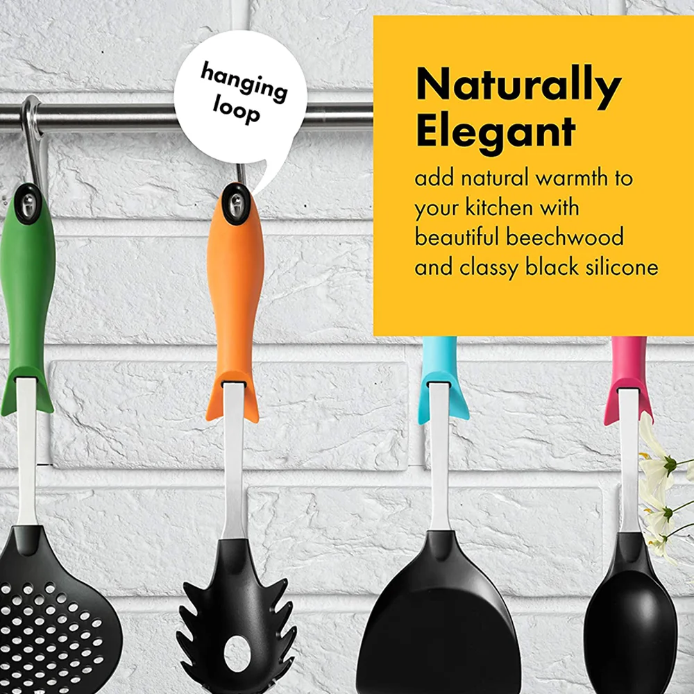 Custom Colourful household Kitchen Cooking stuff chinese innovative premium nylon utensils set for rack camping cookware