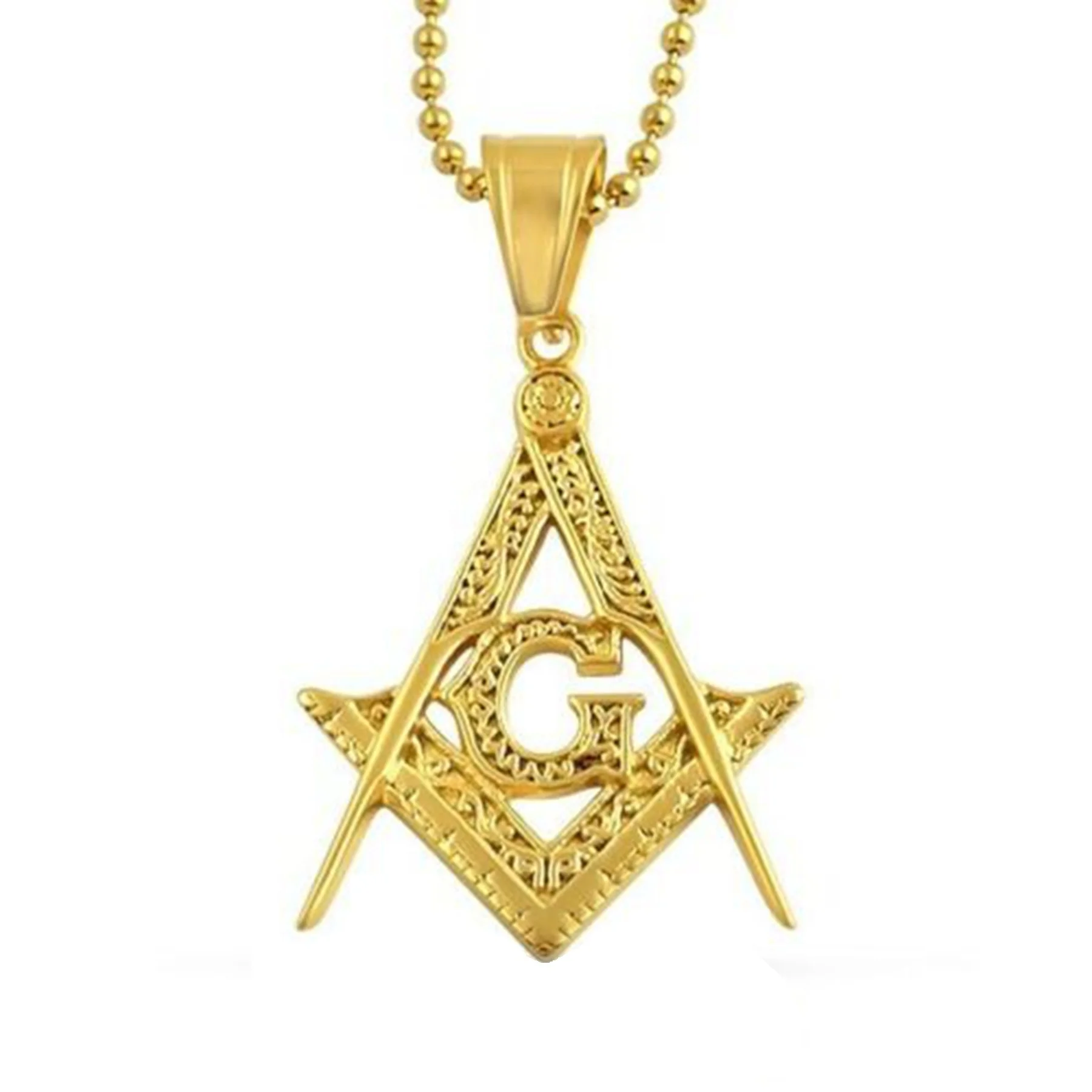 Men Stainless Steel 18K Gold Plated Crystal Masonic Eye Oval Shaped Free Mason Signet Pendant Necklace Jewelry