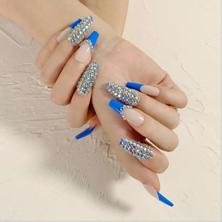 long french style False Finger Nail xxl coffin nail tips	tapered luxury press on nails with rhinestones