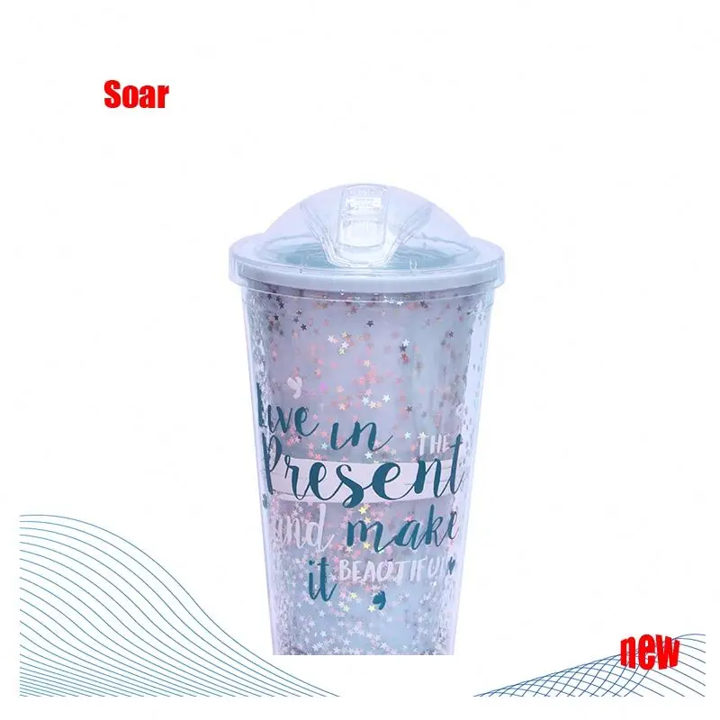 SOAR 16Oz горячая Распродажа двойная настенная цветная блестящая пластиковая чашка для питьевой воды с крышками и
