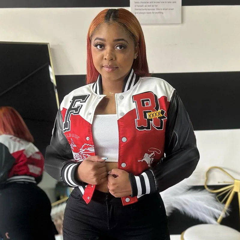 Dropshipping 2024 fall winter clothing women casual printed baseball coat cropped jacket