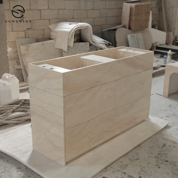 Floor Standing Luxury Travertine Bathroom Two Sink Wash Room Twin Basin Marble Vanity 72 Inch For Master Bathroom