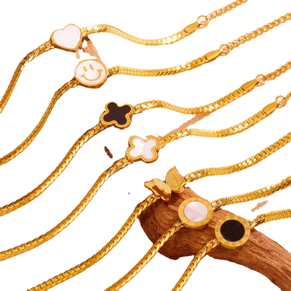Snake Bone Chain Simple Lucky Four-Leaf Flower Butterfly Heart Bracelet Women Fashion Smiling Face Bracelet Jewelry Wholesale