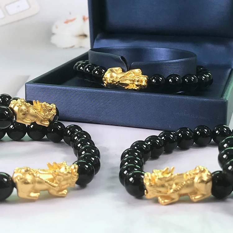 Firstmadam 24K Pure Gold 3D Hard Gold 2g Piyao Pixiu 8mm Beads Lucky Charms DIY Bracelet