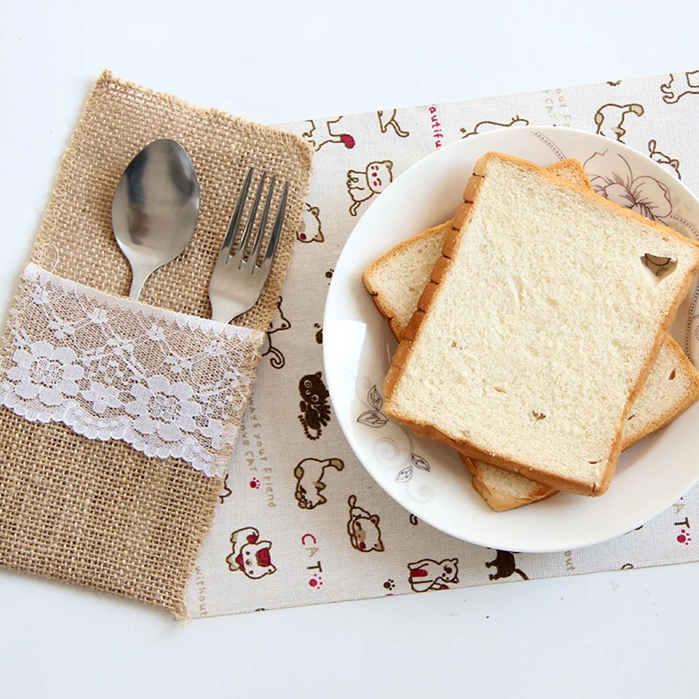 Retro Hessian Jute Burlap Lace Linen Cutlery Pouch Holder Bag for Wedding Party Table Decoration Supplies