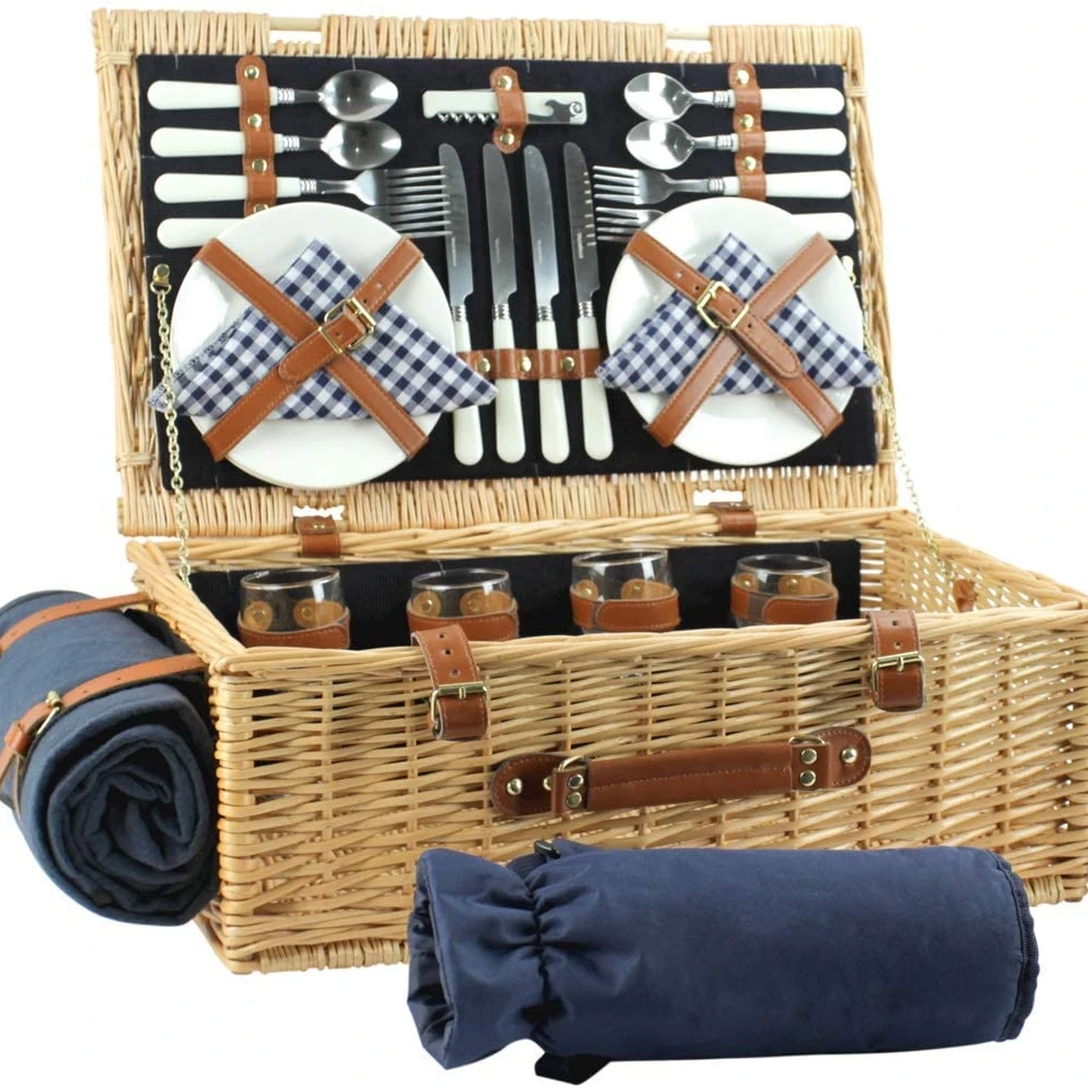 Корзина для пикника с роскошным сервисным набором, плетеная корзина для пикника на 4 человека, натуральные корзины для хранения, Бамбуковая коричневая коробка на заказ