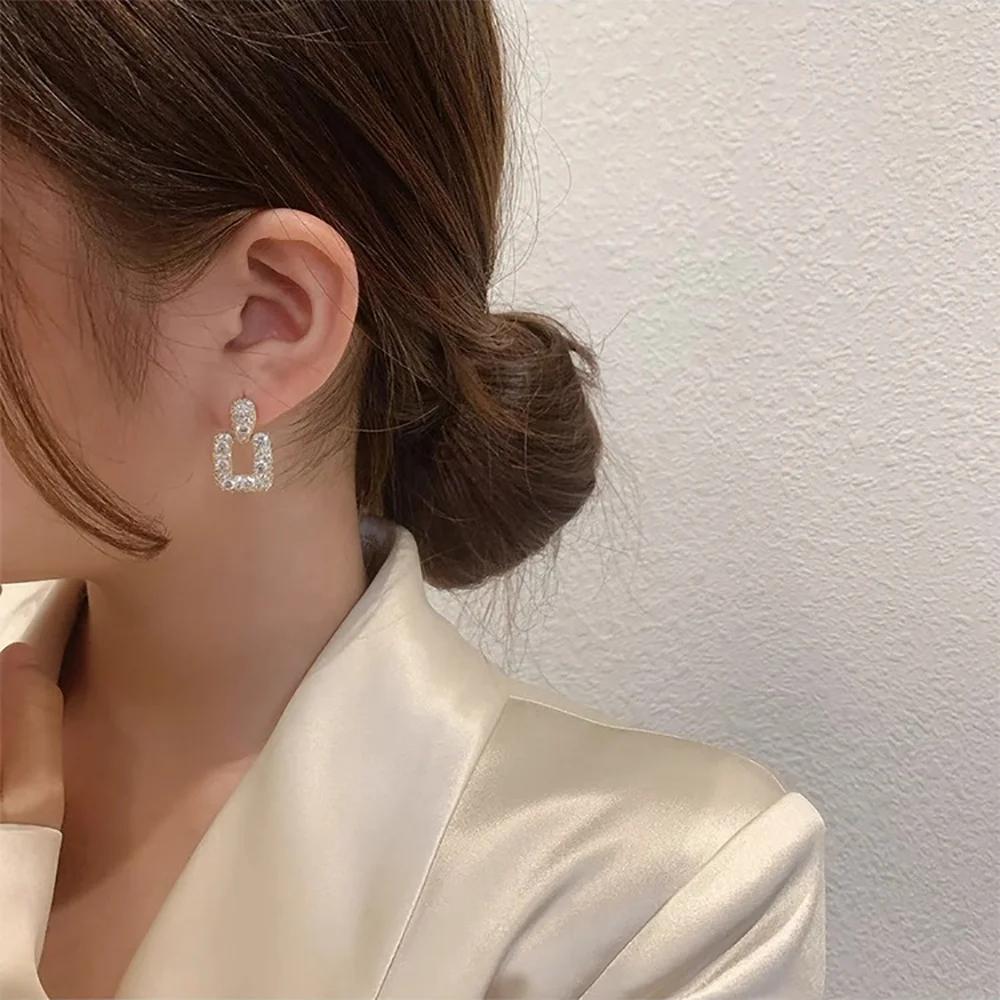 French vintage full diamond 925 sterling silver real gold plated square micro inlay shiny zircon stud earrings for women jewelry