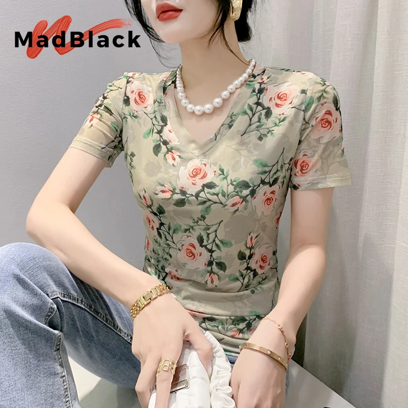 Wholesale Summer European Clothes V Necks Tshirts Female Casual Print Slim Mesh Tops Short Sleeves Bottoming Tees New T36719JC