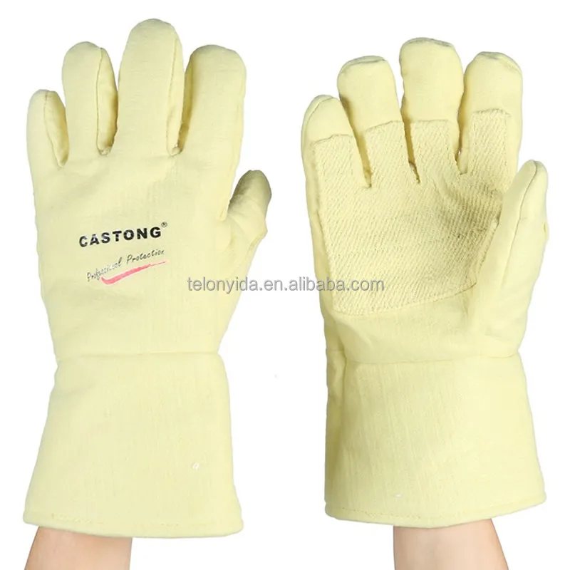 Stock CASTONG Reinforced Yellow Para-aramid Felt 500 Degree  Industrial Heat Resistant Gloves for Metal Casting and Extrusion