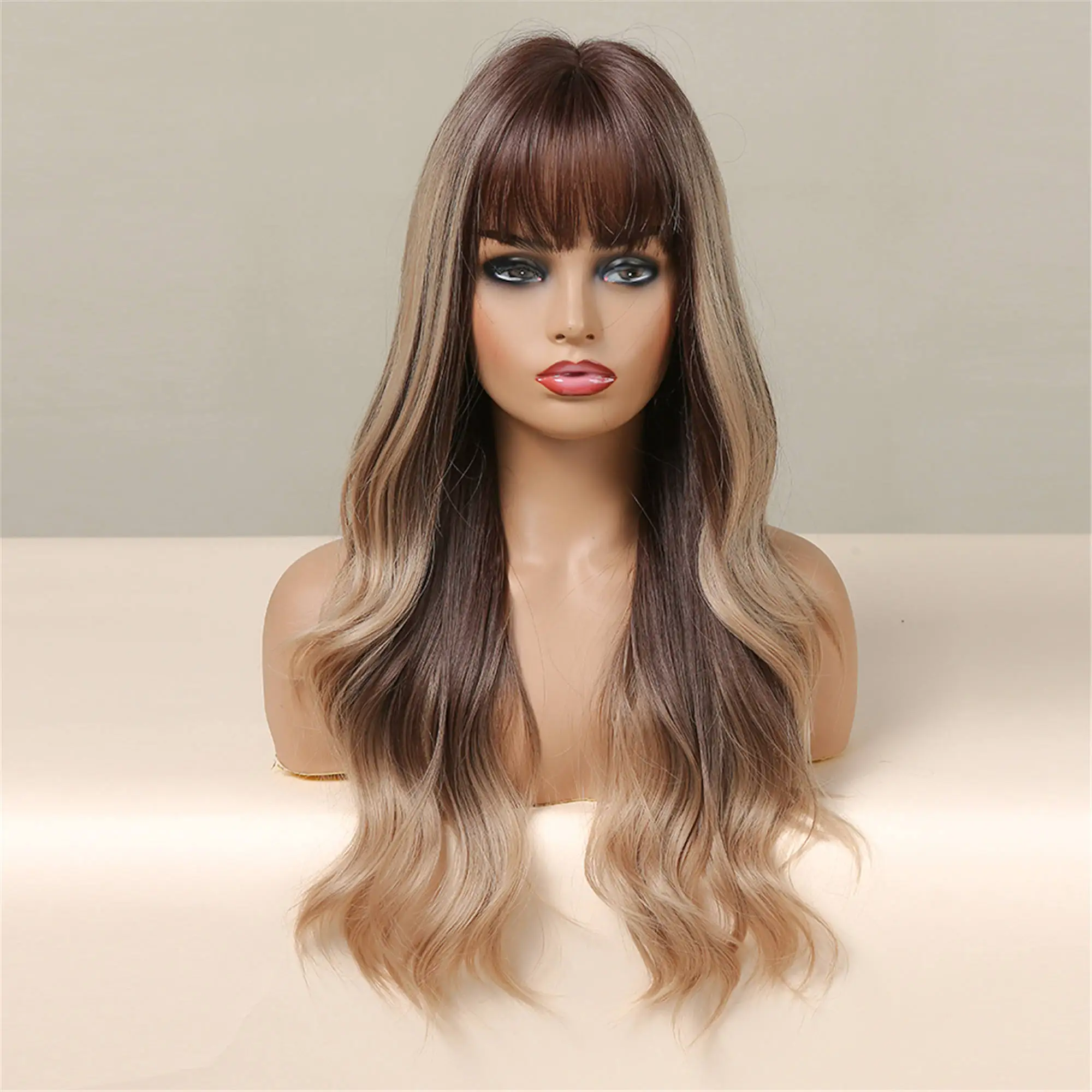 Stock Dark Brown Blonde Highlight Wigs with Bangs Long Water Wave Synthetic Wigs for Women Cosplay Daily Heat Resistant