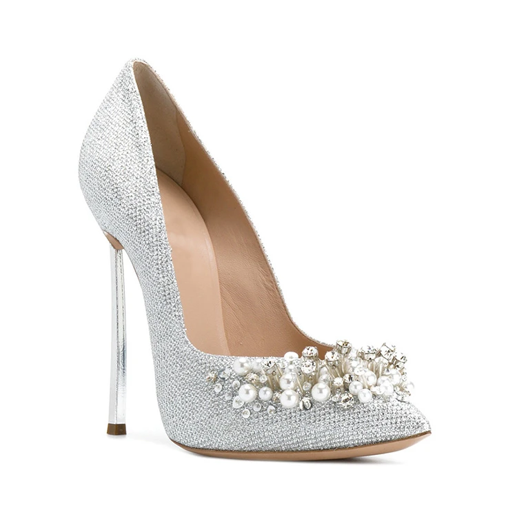Fashion silver glitter with pearls diamante glitter high heels pumps bridal wedding women dress shoes