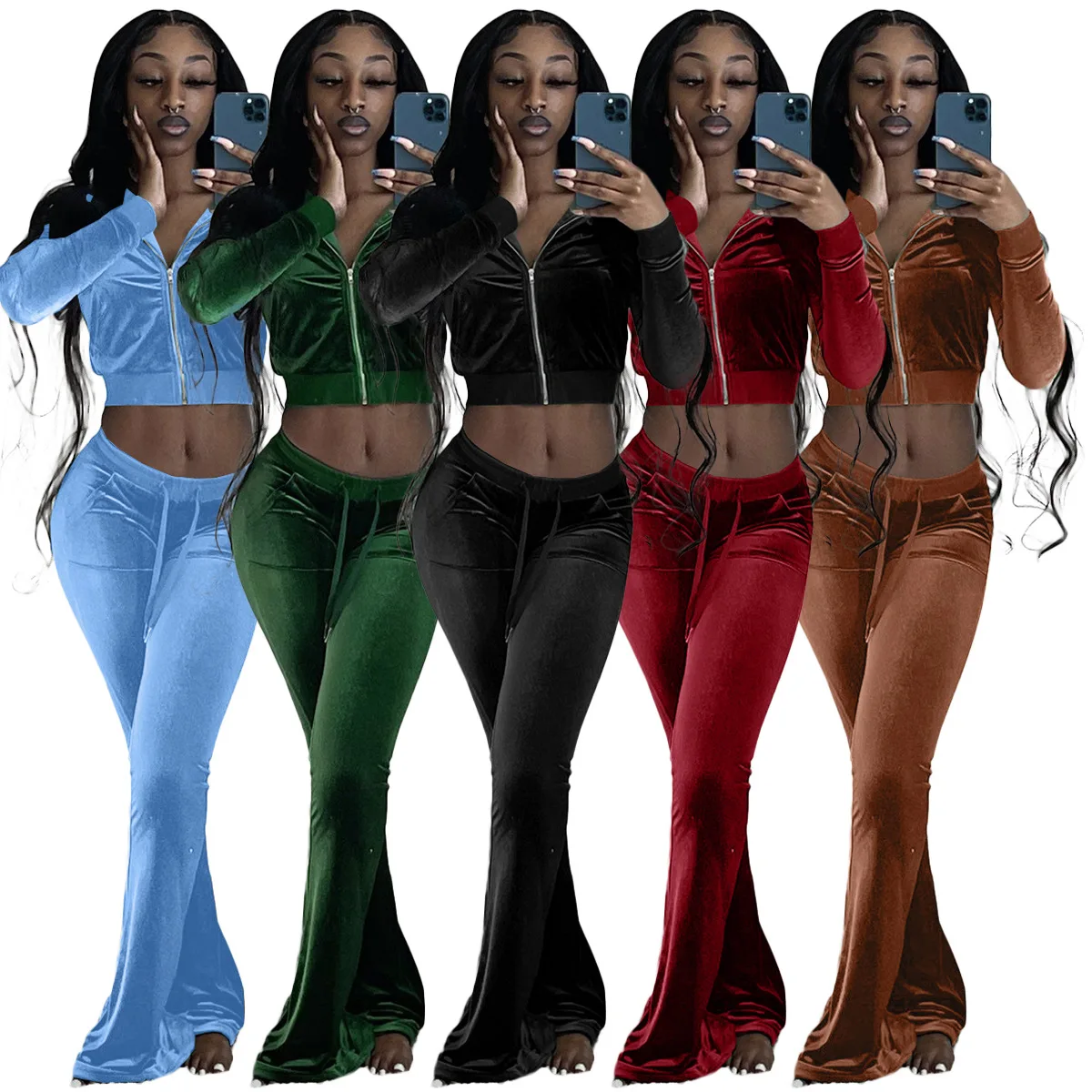 Tracksuit Women 2 Piece Set Custom Logo Fall Cotton Velour Polyester Reflective Luxury Slim Fit Fashion Ladies Black Tracksuit