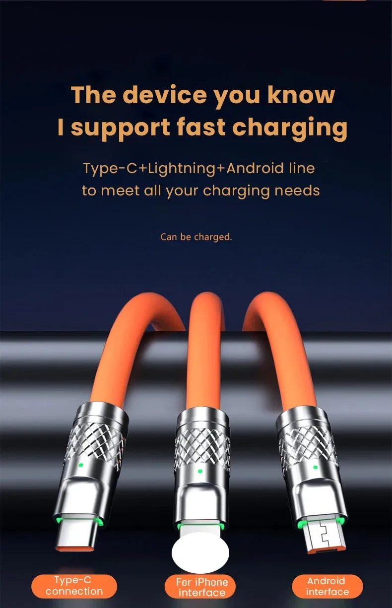 120W 6A 3 in 1 Fast Charging Type C Cable Micro USB for iPhone Charging Cable For Samsung Huawei Xiaomi Phone Charger USB Cable
