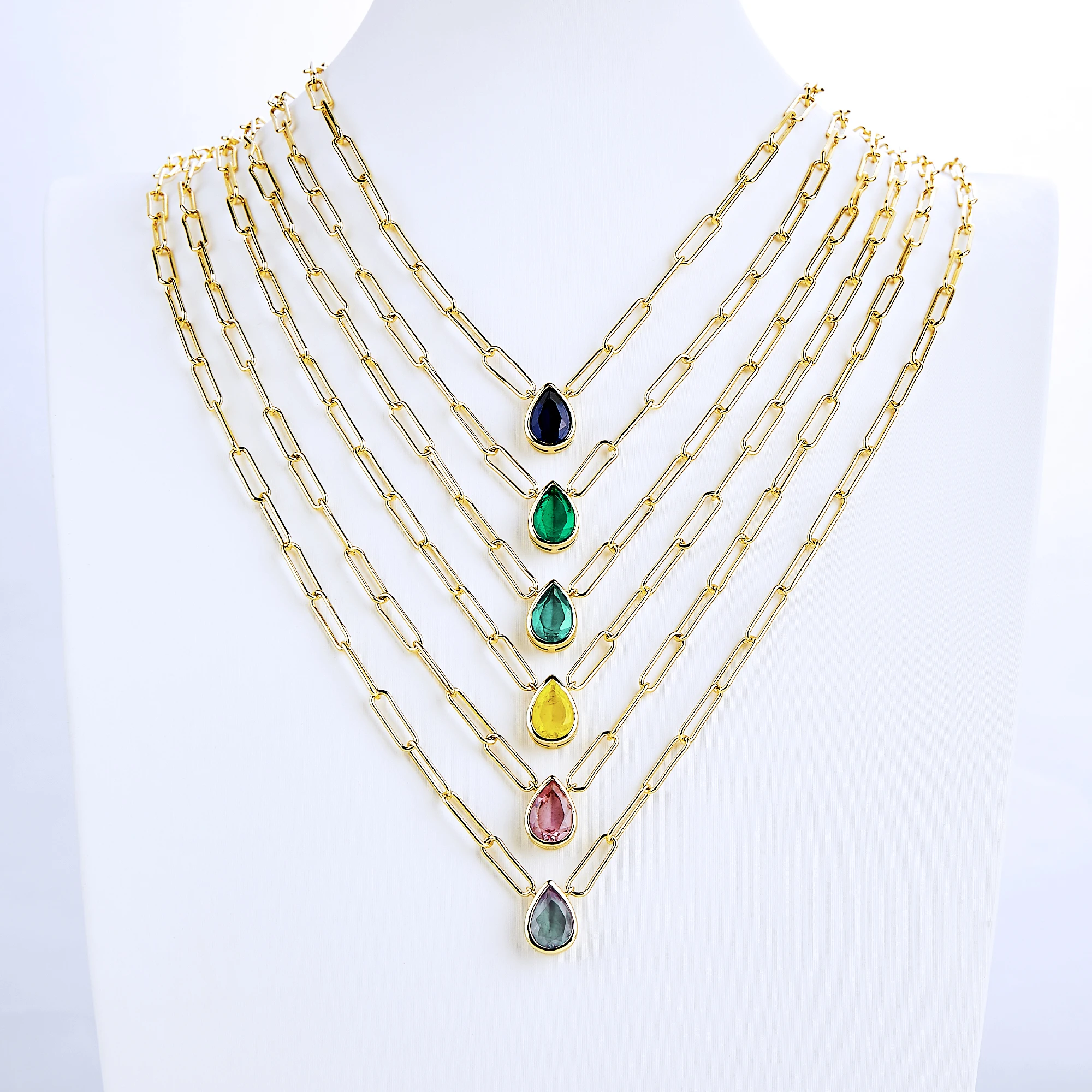 7*10mm pear shape gemstone solitaire paper clip sterling silver fashion jewelry pendent necklaces