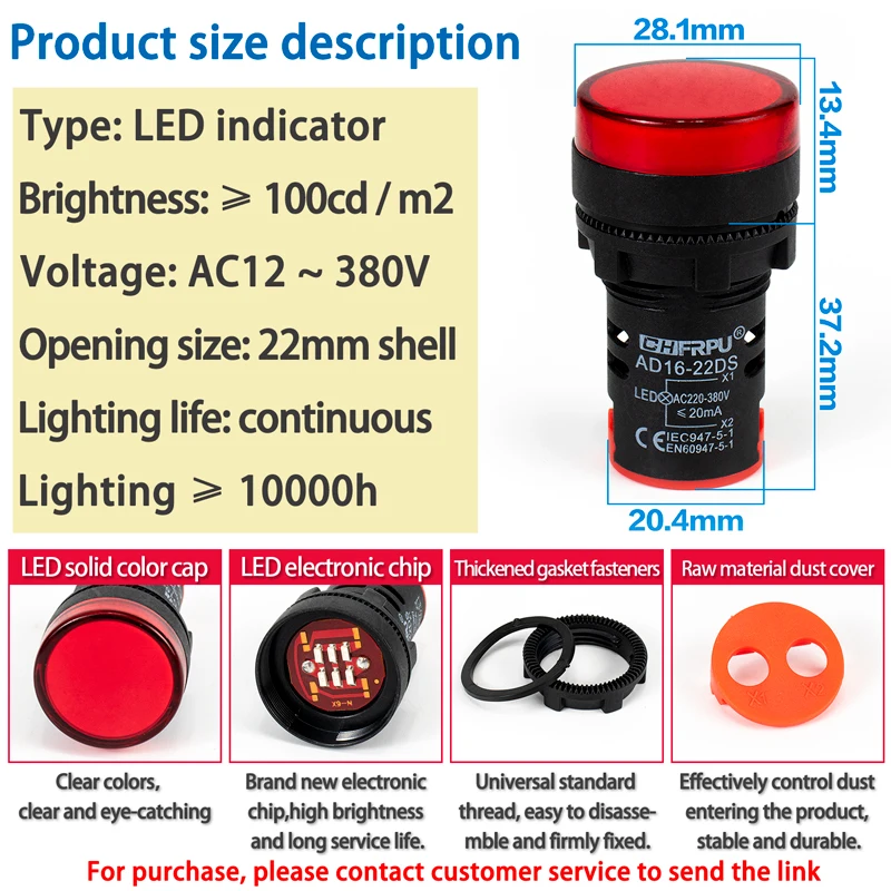 AD16-22 Panel Mount 22mm LED AC DC 6V 12V 48V 110V 220V 380V Equipment Signal Pilot Lamp Indicator Light