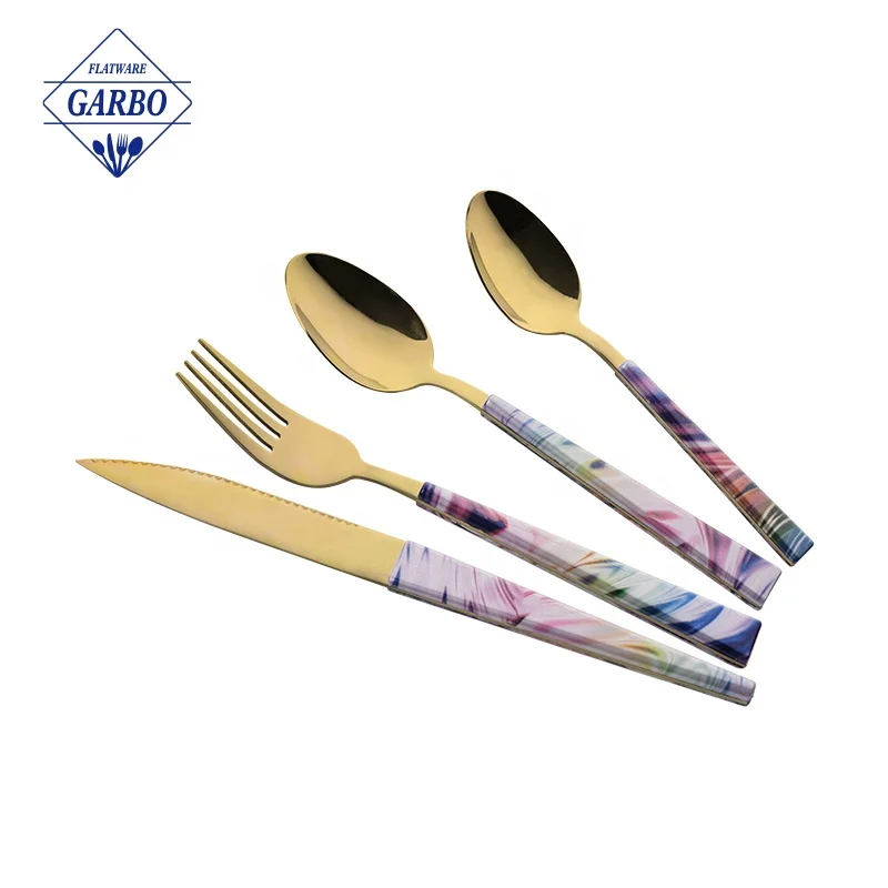 24pcs gift cheap 13/0 silver stainless steel cutlery flatware set dinner eating tool with customized colored PP plastic handle