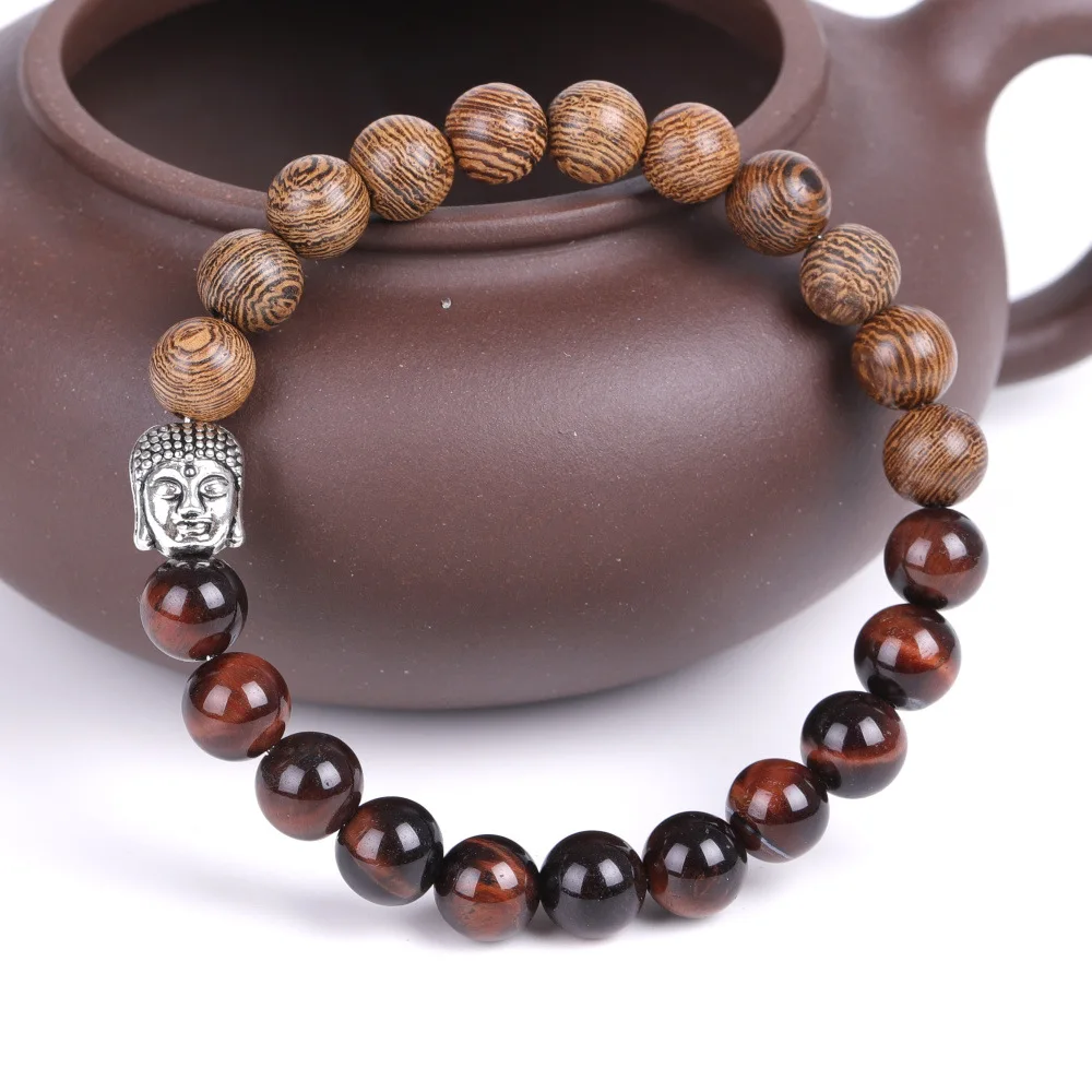 Natural crystal stone Buddha head bracelet gemstone Chicken wing wood tiger eye stone bead bracelet