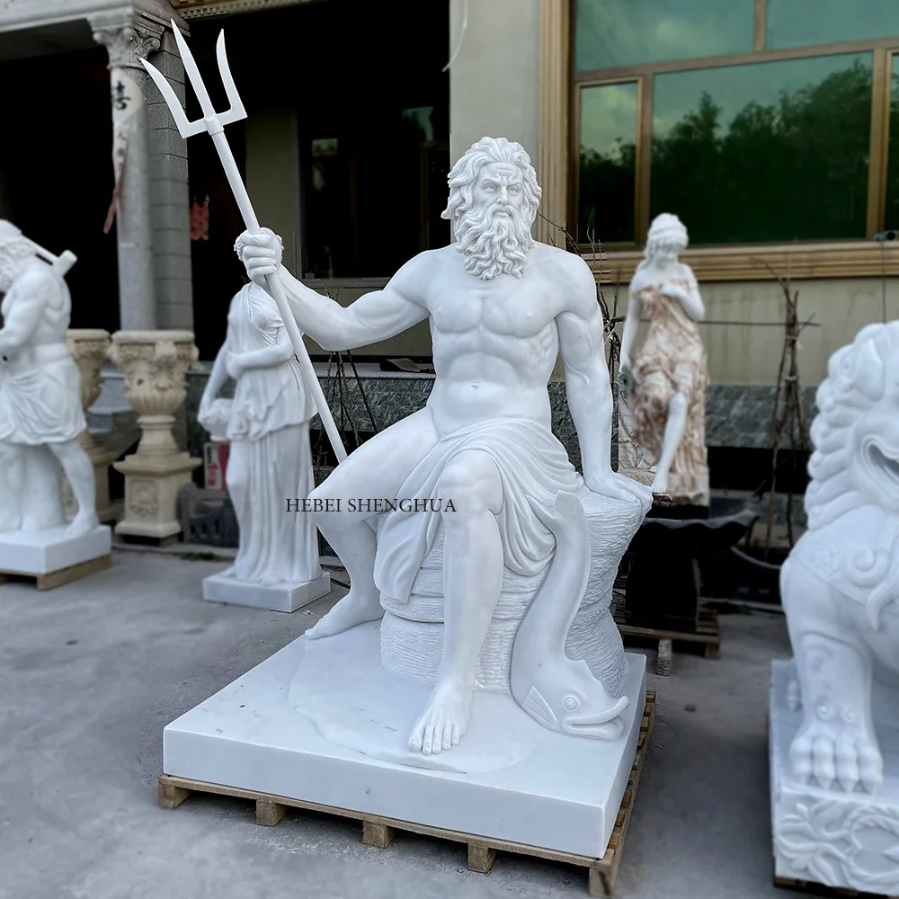 Large Greek patron Saint Poseidon The Sea King White Marble Statue For Sale