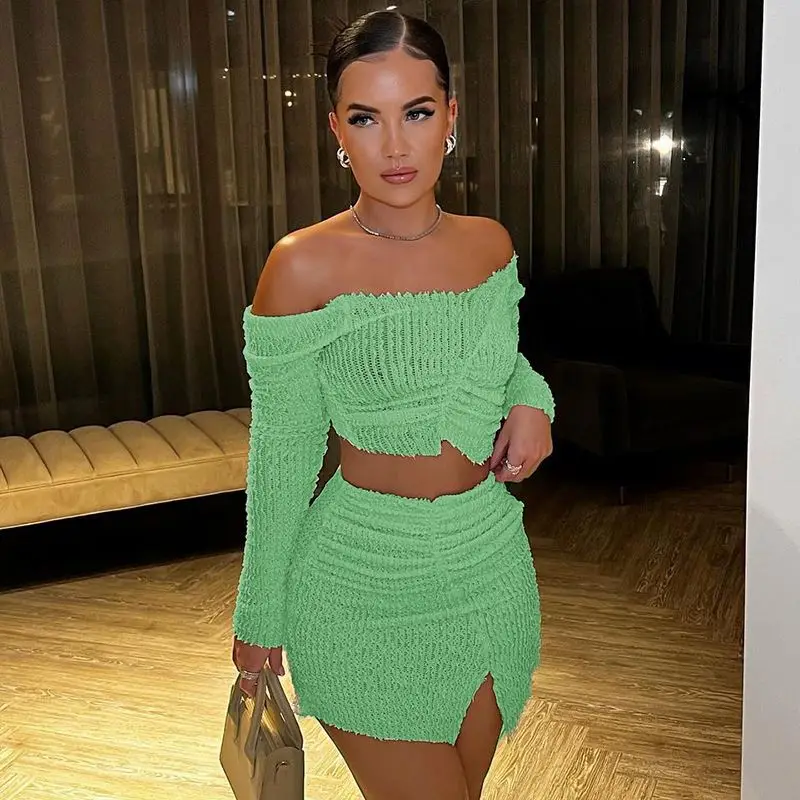 Charm Solid Color 2 Piece Set Off Shoulder Long Sleeve Women Crop Top Pleated Mini Skirts Set