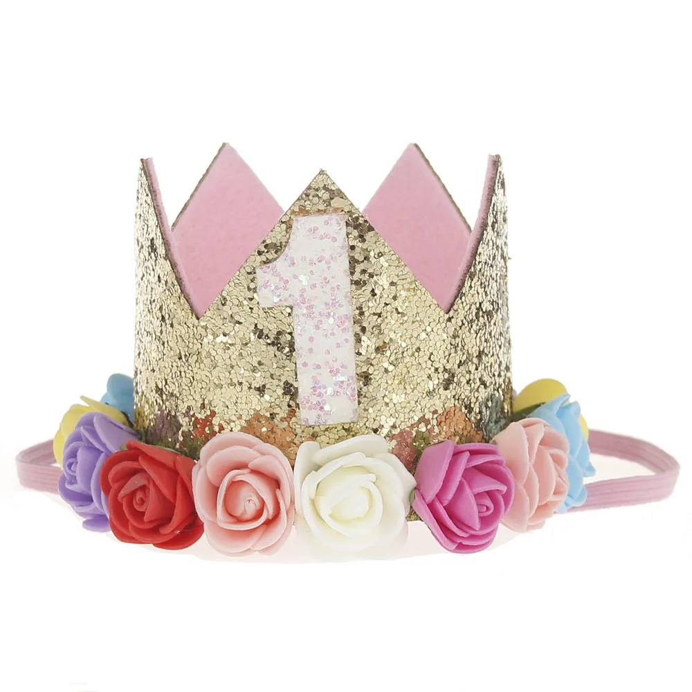 Baby Rose Flower 1st Birthday Party Crown Headband Photo Prop Crown Hat Elastic Glitter Headband Crown