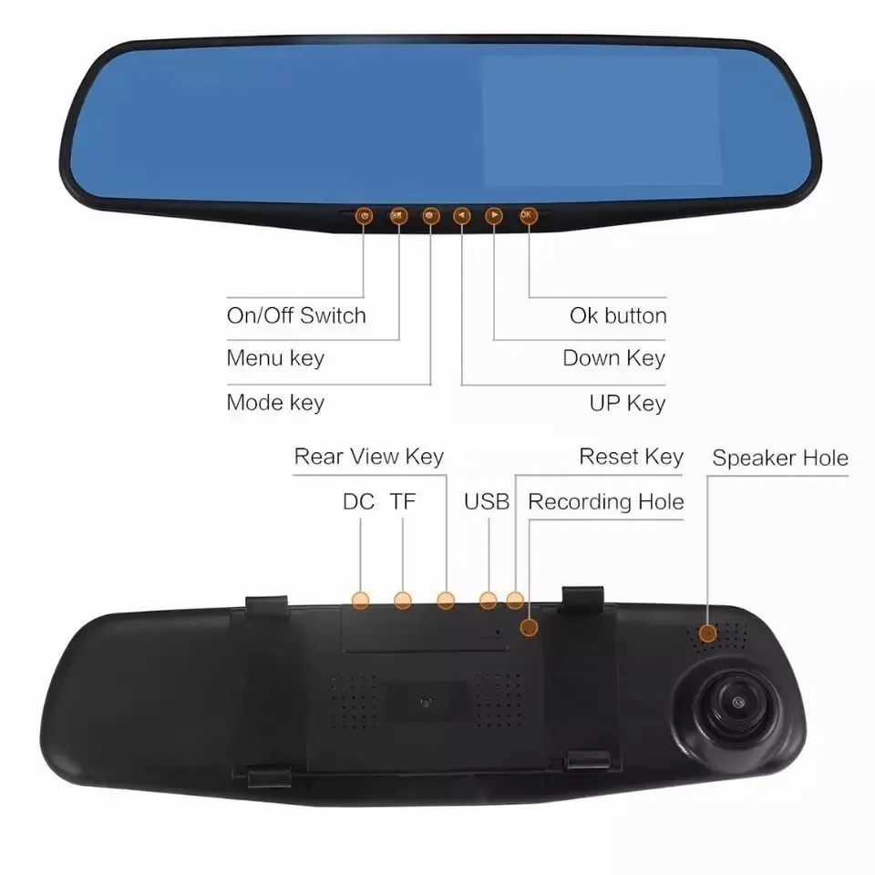 Wholesale HD 720P Wide Angle 4.3 Inch Car Video Recorder DVR  Rear View Mirror Dual Lens Dash Cam with Reverse Camera