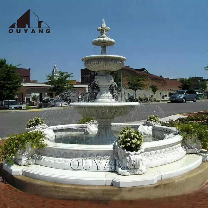 QUYANG Large Outdoor Decorative White Stone Water Fountain Yard Marble Garden Fountains for sale