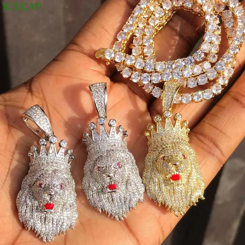 Jewelry Manufacturer Personality Creative S925 Iced Out Moissanite Crown Lions Head Animal Hiphop Couple Pendant For Necklace