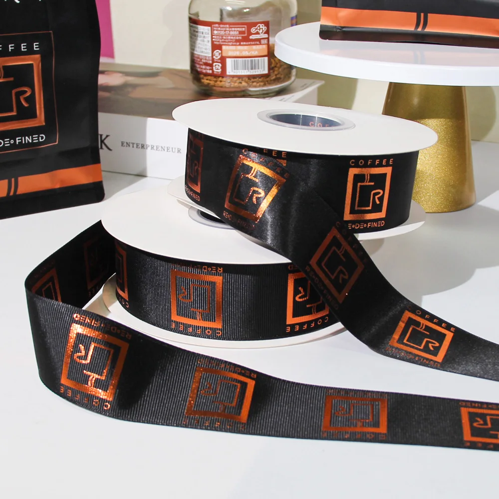 Custom Logo Factory Wholesale Solid Color Double Color Gift Gold foil Printed Satin Ribbon With 1cm 2.5 cm 4 cm 10 cm