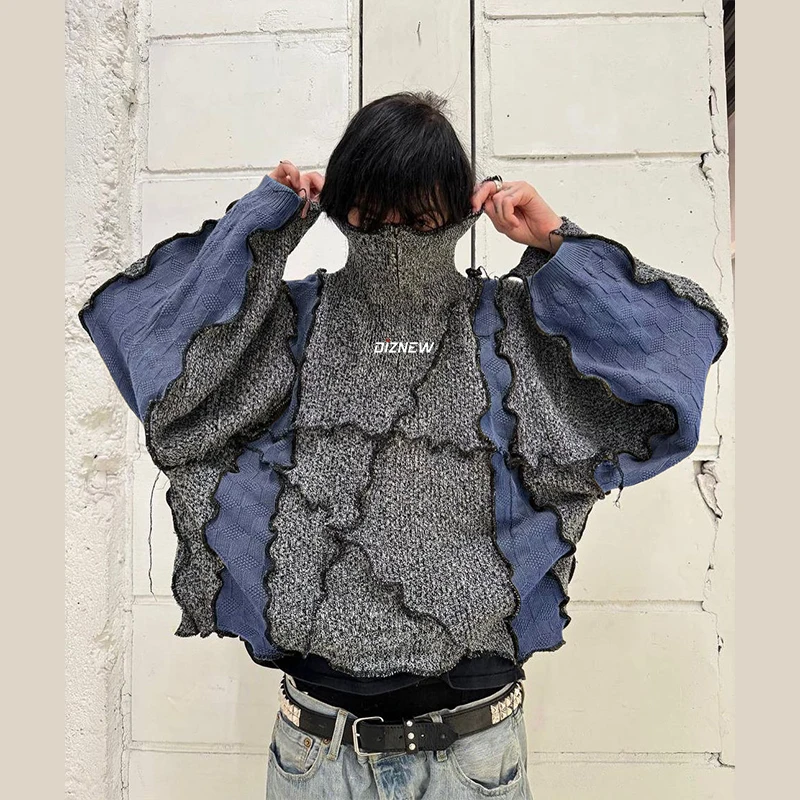 DIZNEW Custom high neck patchwork men sweater Oversized luxury brand sweater custom logo