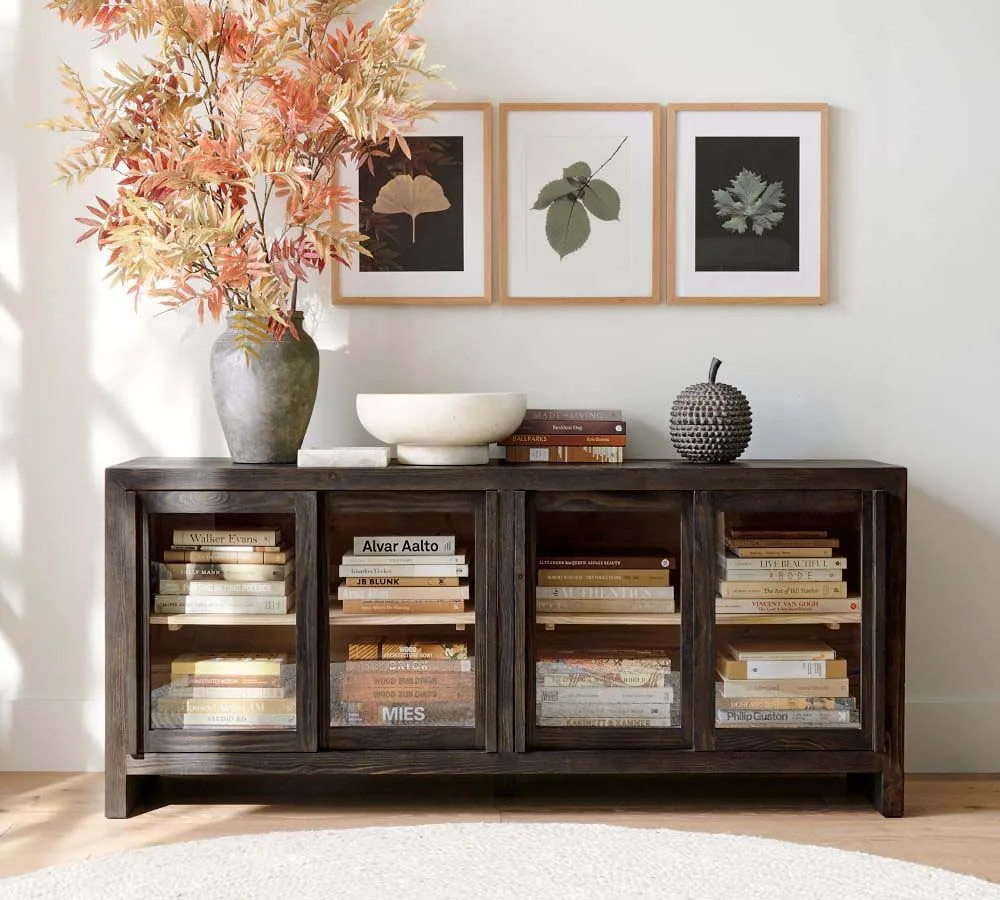 Modern American style living room wood media console French contemporary oak glass media console