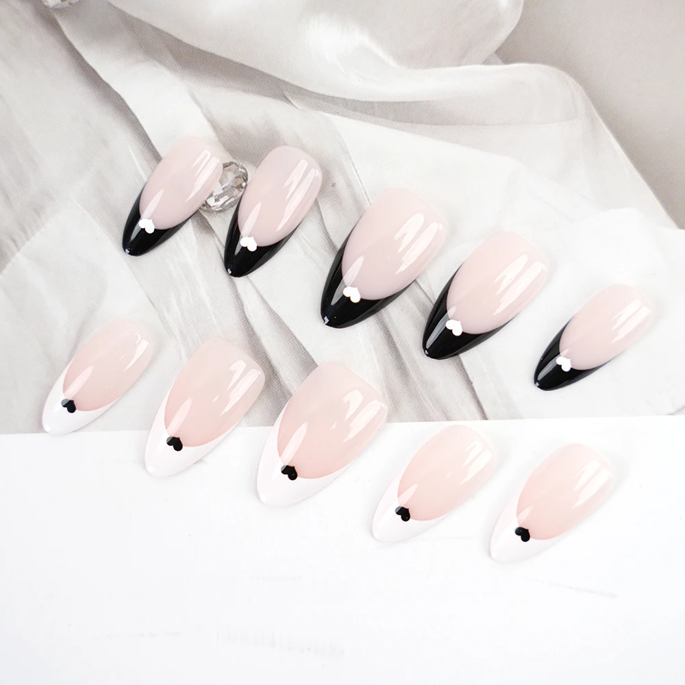 Verified Manufacturers Supply High Quality Press On Nails French Black Heart Almond Stiletto Shape Acrylic False Nail Kit