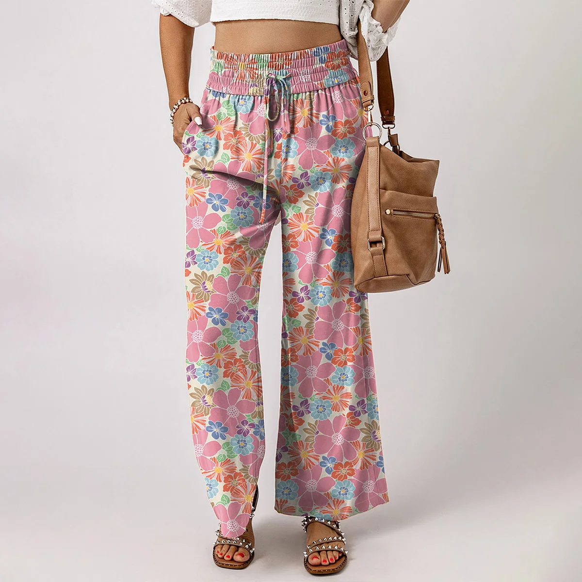 2024 Shewin boutique women clothing wholesale custom Logo Green Floral Smocked Waist Loose Pants