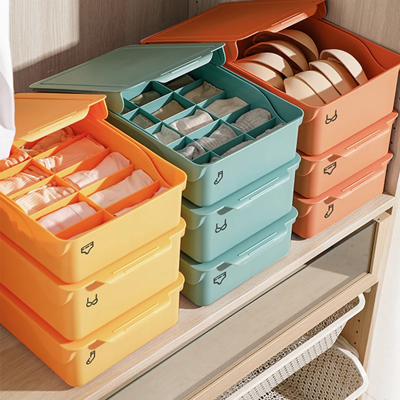 2021 Fiducia Amazon Hot Sale Plastic Wardrobe storage box with cover underwear Bra Socks compartment organization storage bin