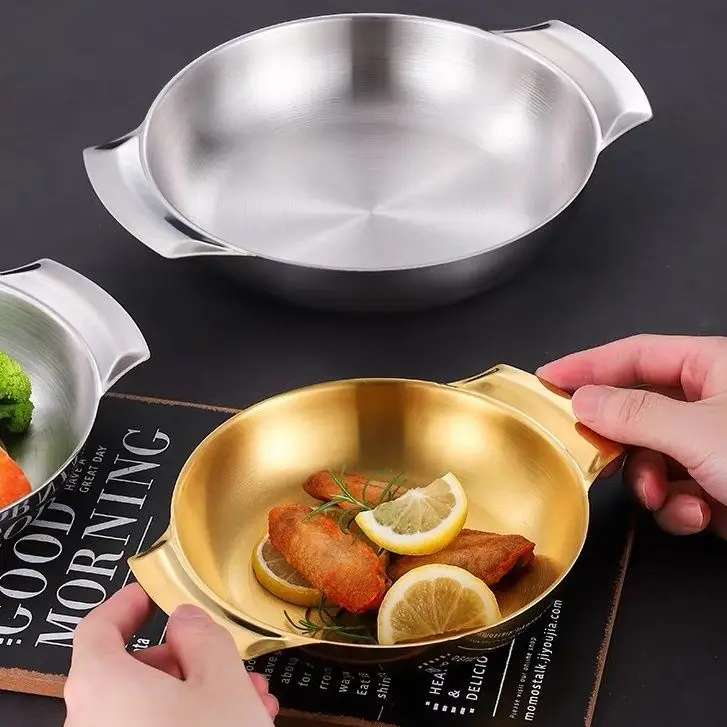 Hot Selling Stainless Steel Plate Seafood Metal Serving Tray Golden Round With Double Ear