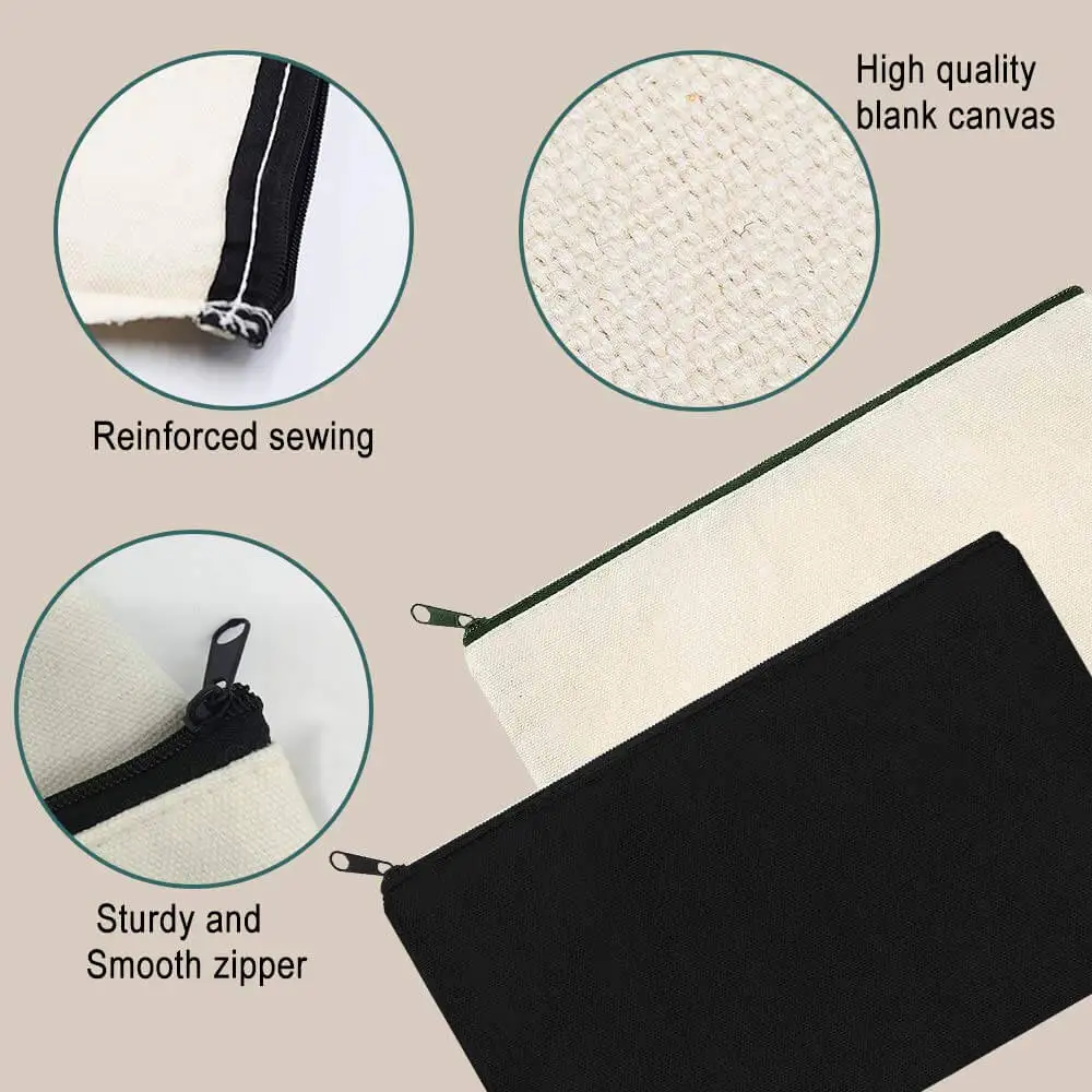 
Custom Personal Logo Promotional Zipper White Black Cotton Canvas Makeup Bag Private Label Multipurpose Pouch 