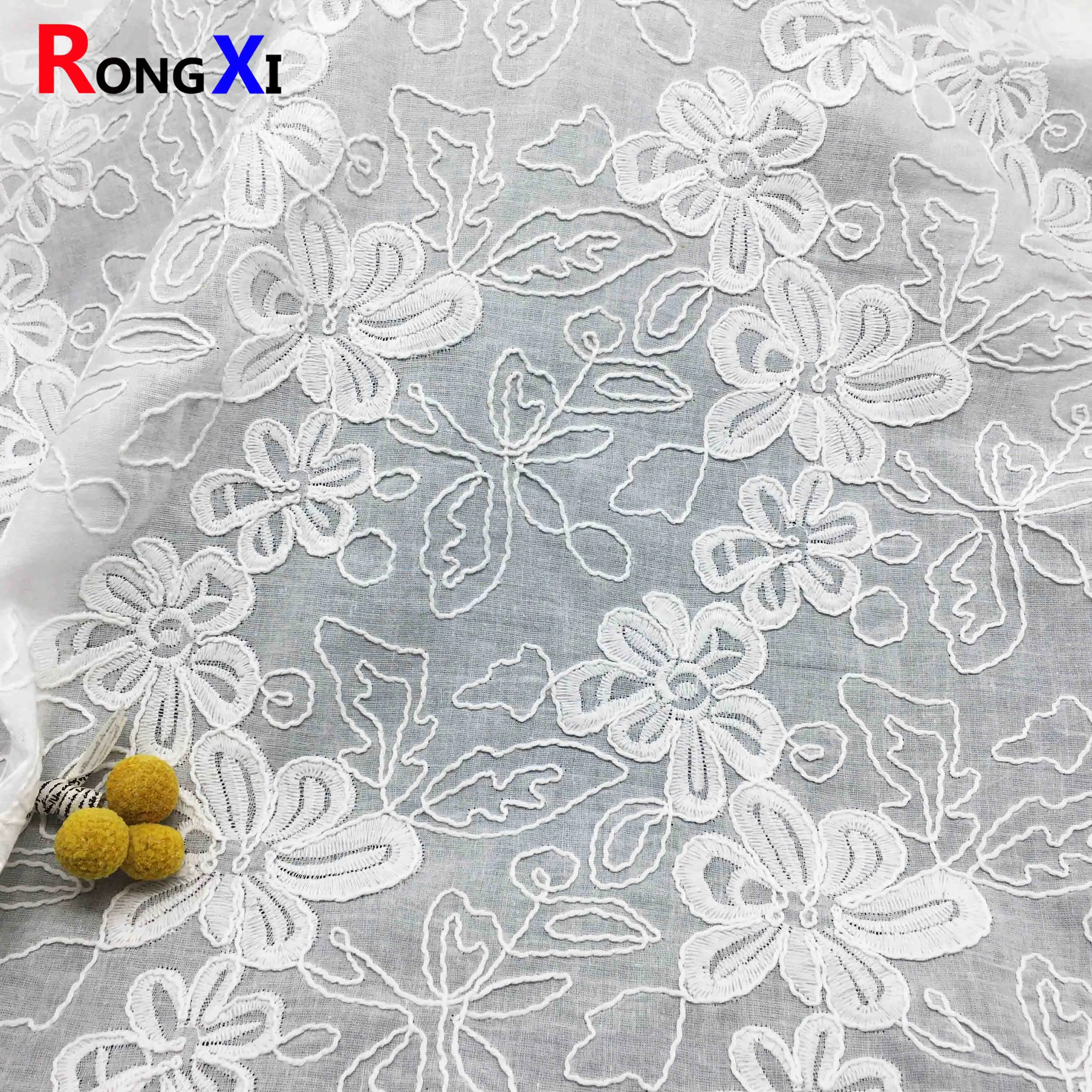 Wholesale Price RXF2212  Cotton  Eyelet  3d Flower Embroidery Luxury Lace fabric embroidery Fabric for Wedding Dress