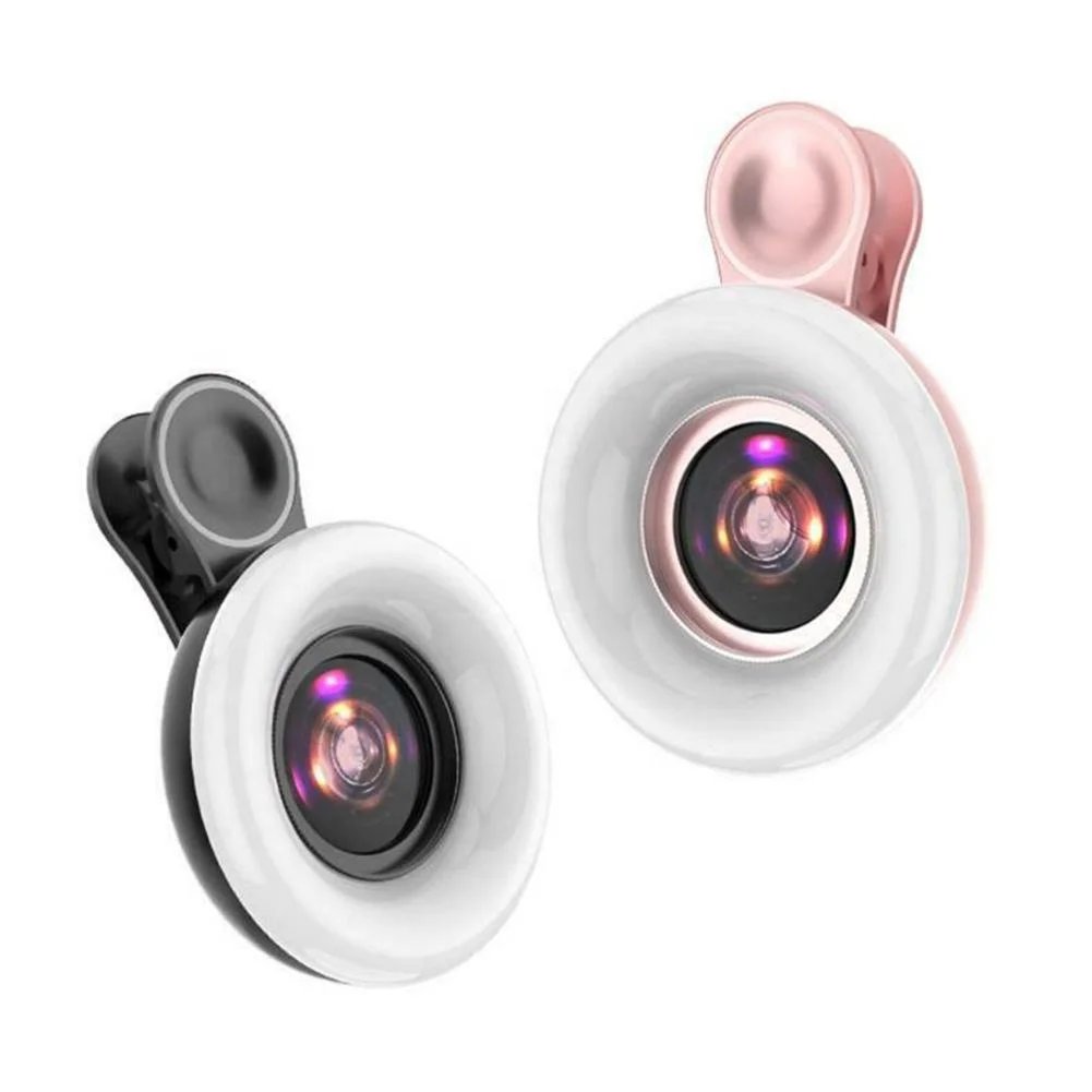 Rechargeable Selfie Ring Fill Light Lamp Phone Camera Lens with Makeup Mirror Wide Angle Macro Lens LED Adjustable Brightness