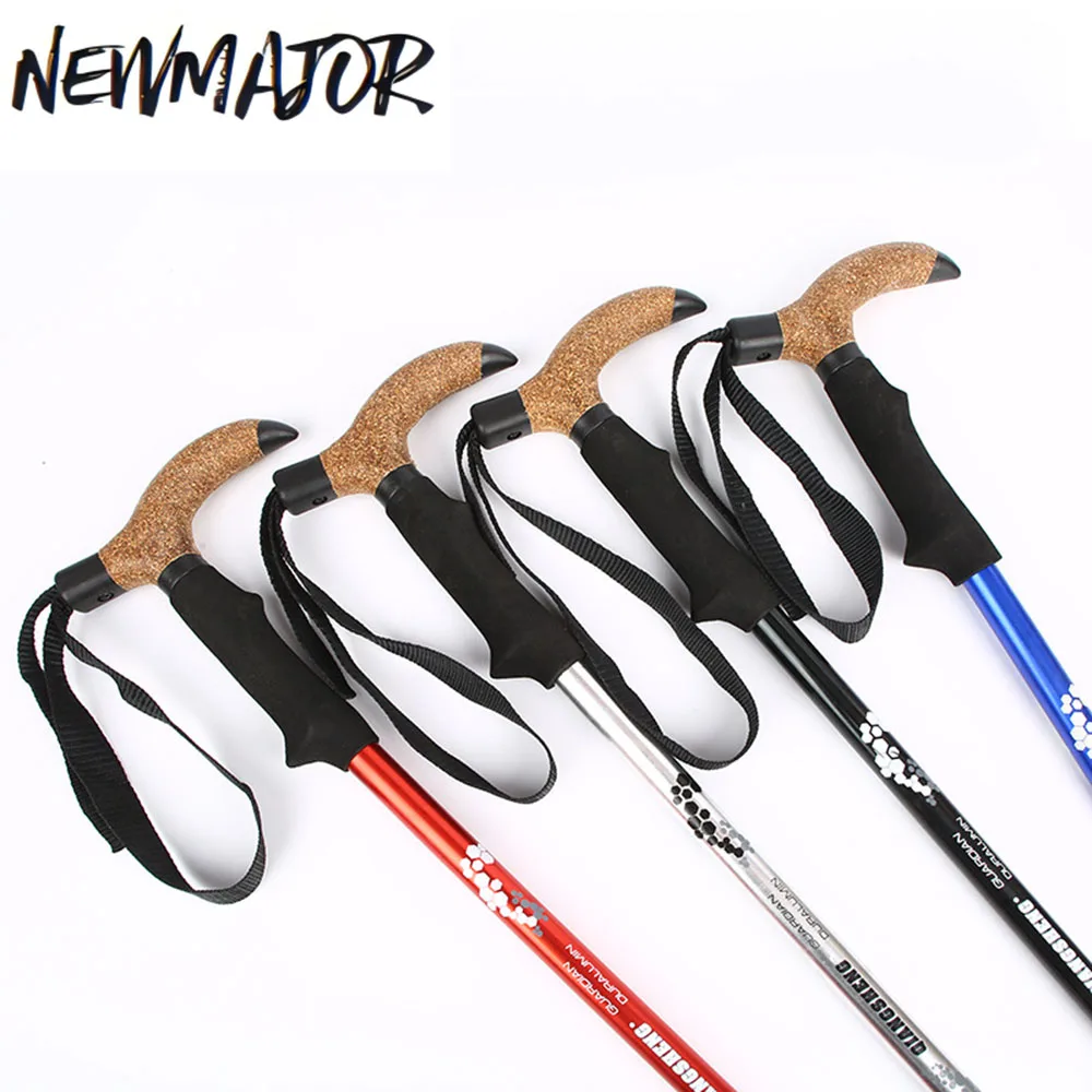 NEWMAJOR Aluminum Alloy Telescopic Shock Absorber Hiking Cane with Curved Handle Outdoor Folding Walking and Trekking Cane