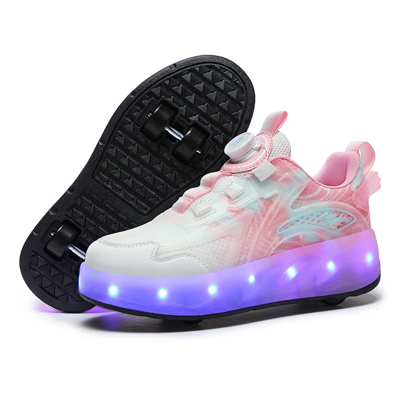 USB Chargeable LED Light Up Roller Shoes Wheels Automatic Button Skate Sneaker Shoes for Boys Girls Kids Gift DB