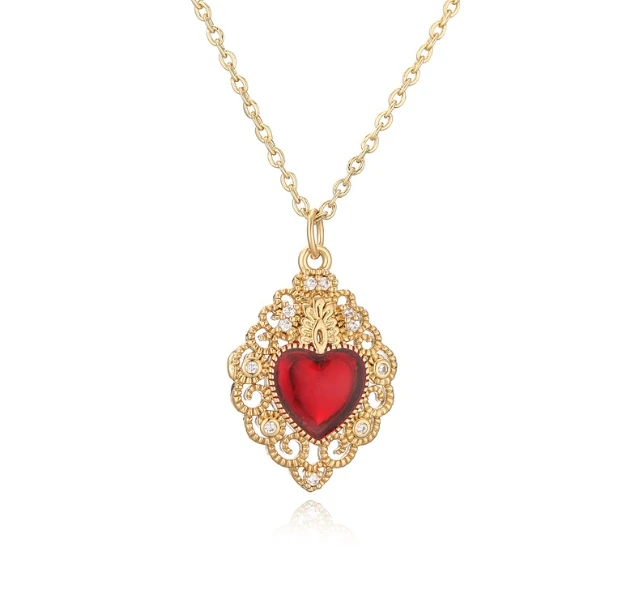 Hot Selling Dainty Choker Red Zircon Stone Necklaces Gold Plated Jewelry Women Mother Angel Heart Necklace
