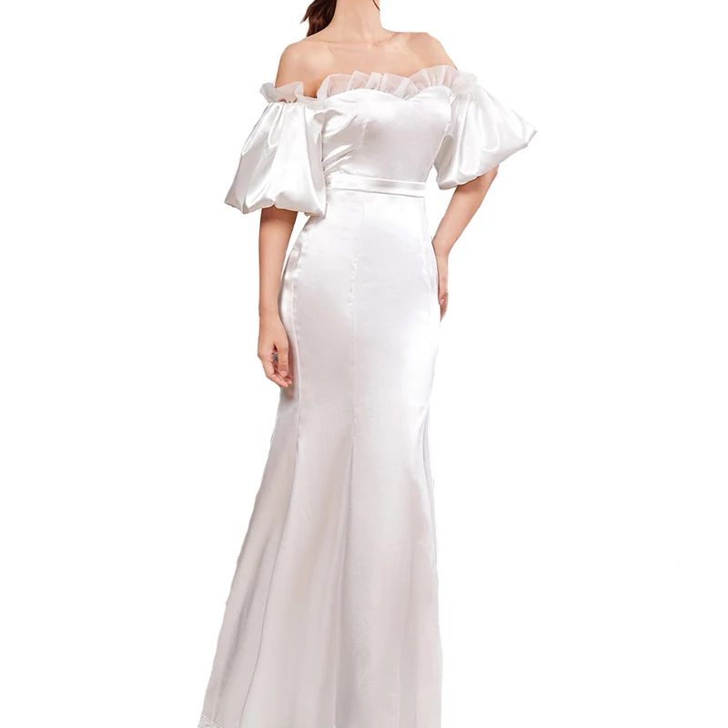 OEM Custom Women Off The Shoulder Lantern Short Sleeve Ruffle Details Fit and Flare Satin Maxi Dress