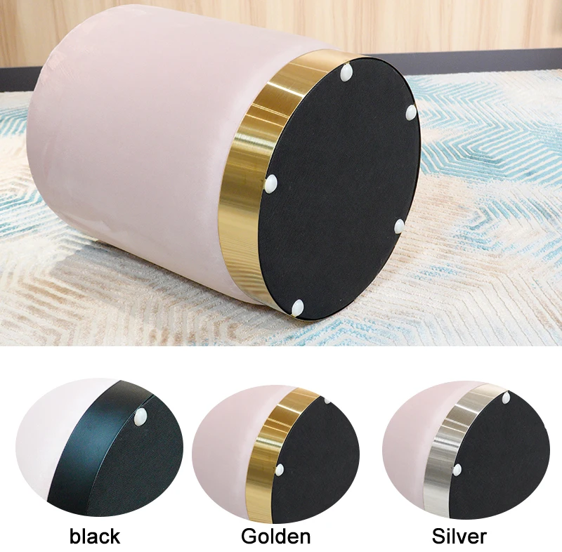 Living Room Modern Upholstered Comfortable Soft Stool Home Furniture Metal Base Round Gray Velvet Storage Ottoman