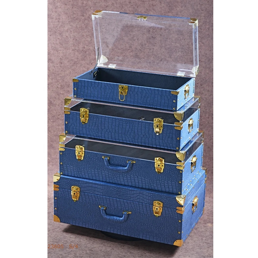 luxury leather surface wood storage trunk boxes with clear acrylic top/lid/cover for display