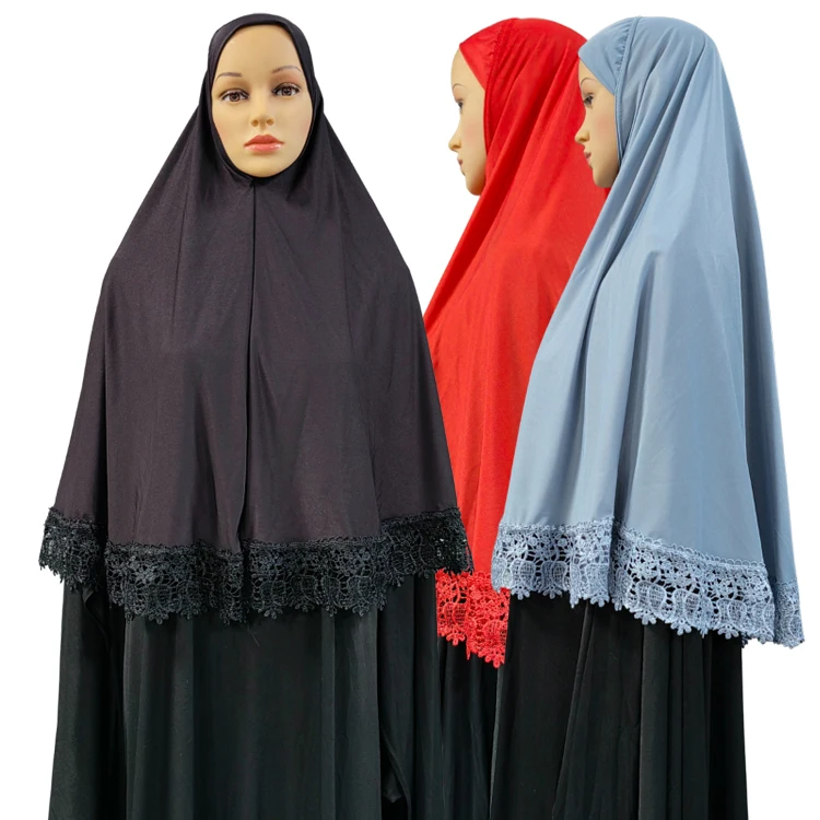 Hijab L Size Plain Lace Edge Khimar Muslim Women Headcover Headscarf Dubai Turkish Islamic Clothing Ramadan Eid Turban Shawl