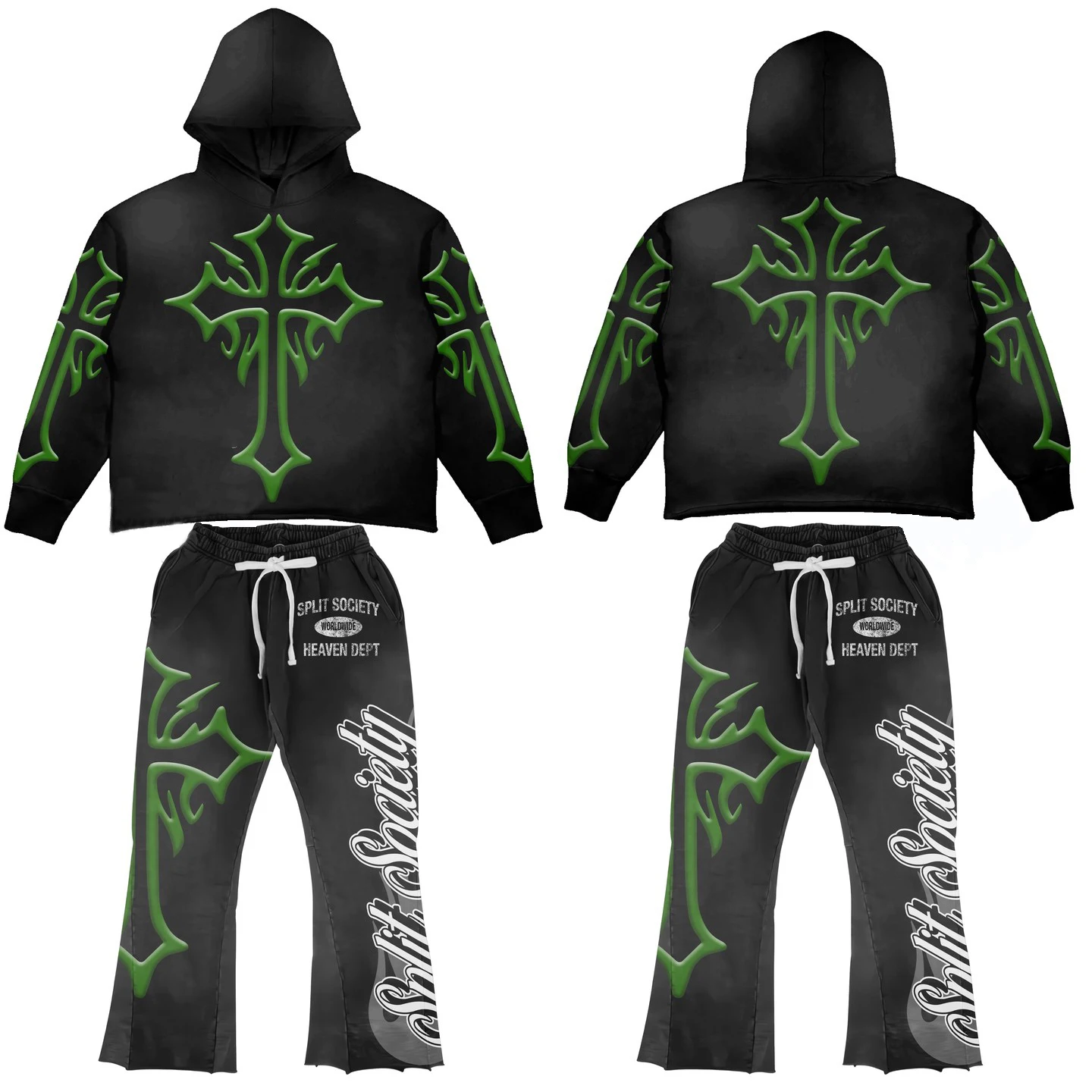 Custom Your Brand Acid Wash Streetwear Premium Print Black Distressed Flare Sweatpants And Hoodie Set Unisex