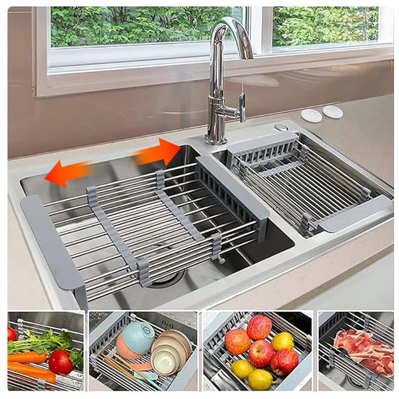 Hot Sale Vegetables Fruits Cleaning Steel Foldable Kitchen Accessories Tools Sink Adjustable Telescopic Portable Drain Basket