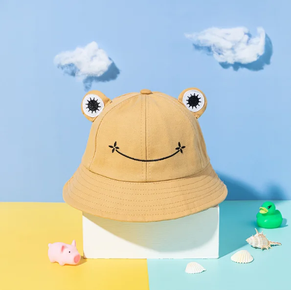 Spring summer cute frog embroidery foldable  cotton woman man bucket hat for outdoor sun  fishing  hiking
