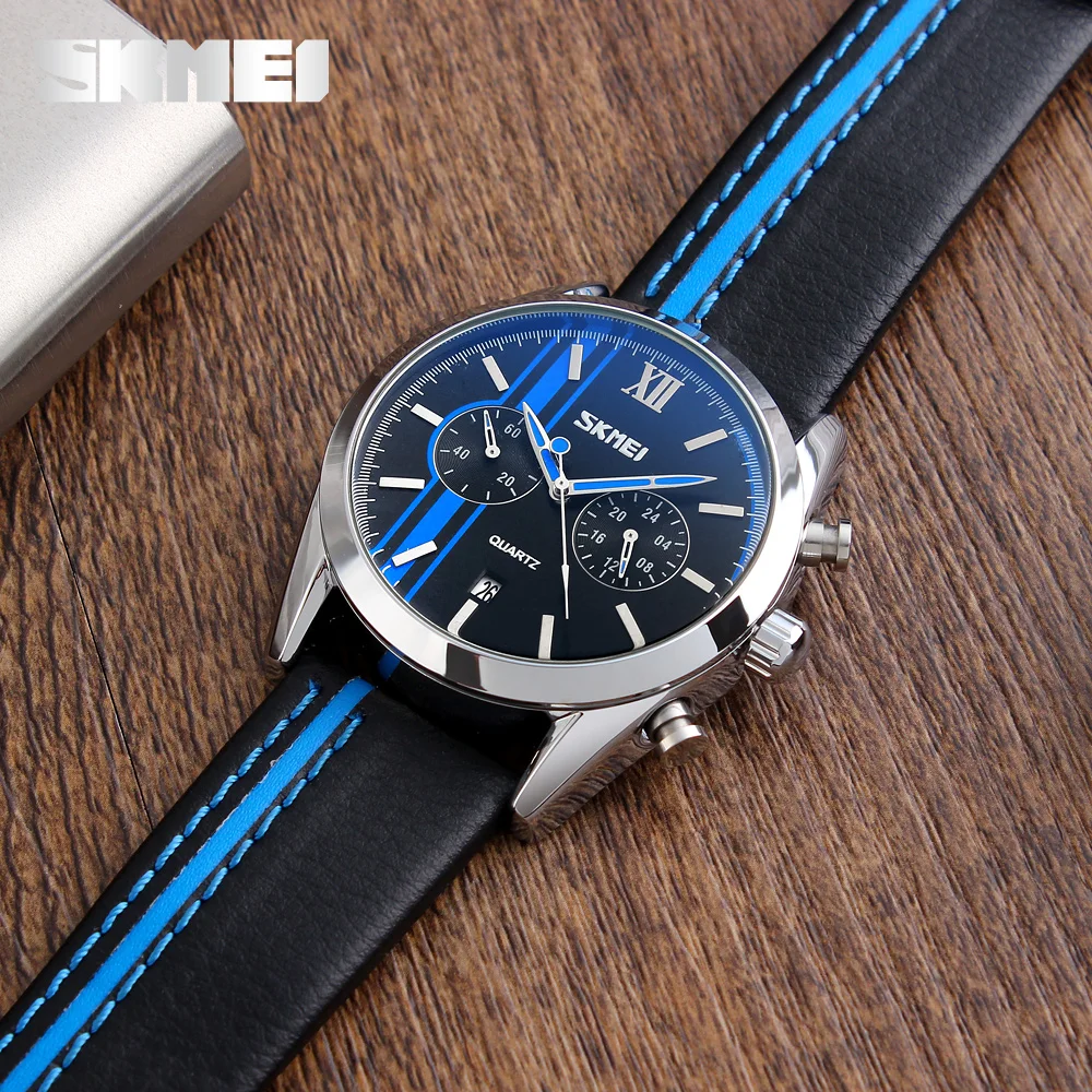 Лидер продаж, наручные часы SKMEI 9148, водонепроницаемые деловые кварцевые часы с ремешком из натуральной кожи для мужчин, 3 АТМ