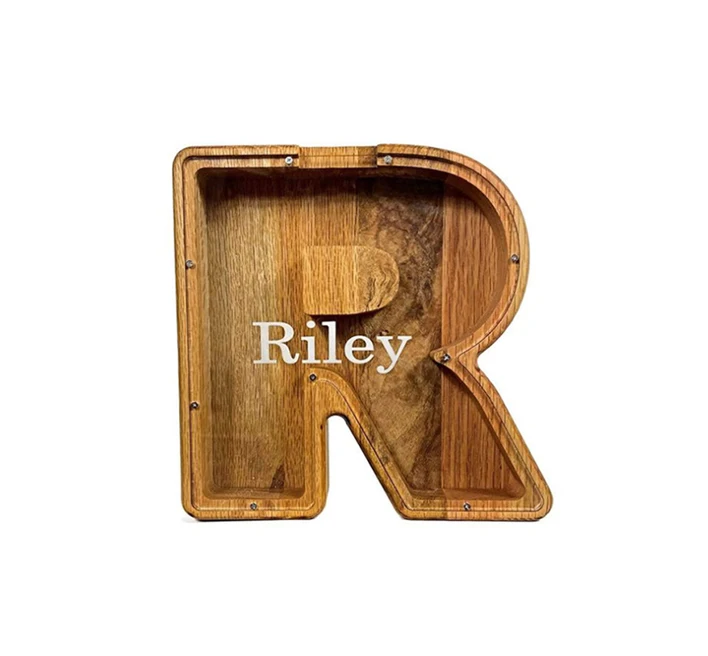 Custom Personalised Wooden Acrylic Funny Alphabet Letter Shaped Piggy Bank Money Saving Storage Box for Kids