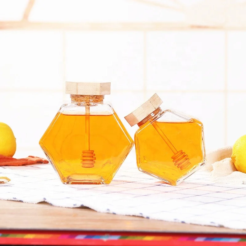 Уникальные банки для еды соуса перца меда стеклянная бутылка с крышкой деревянная шестиугольная 220 мл